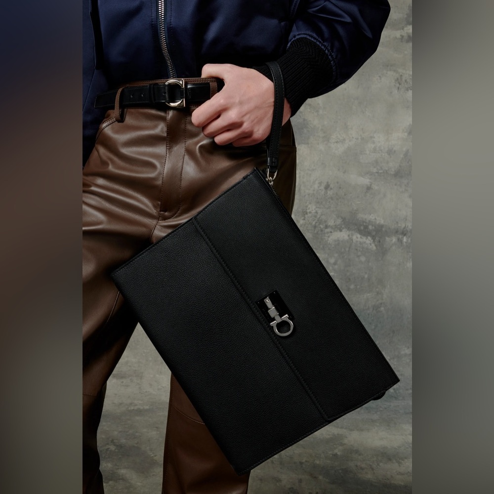 Salvatore Ferragamo the studio gancini black leather clutch bag